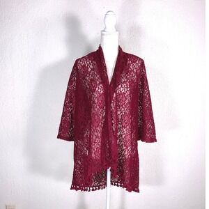 Emi & Joe Burgundy Floral Lace Tassel Fringe Open Front Cardigan Kimono XL